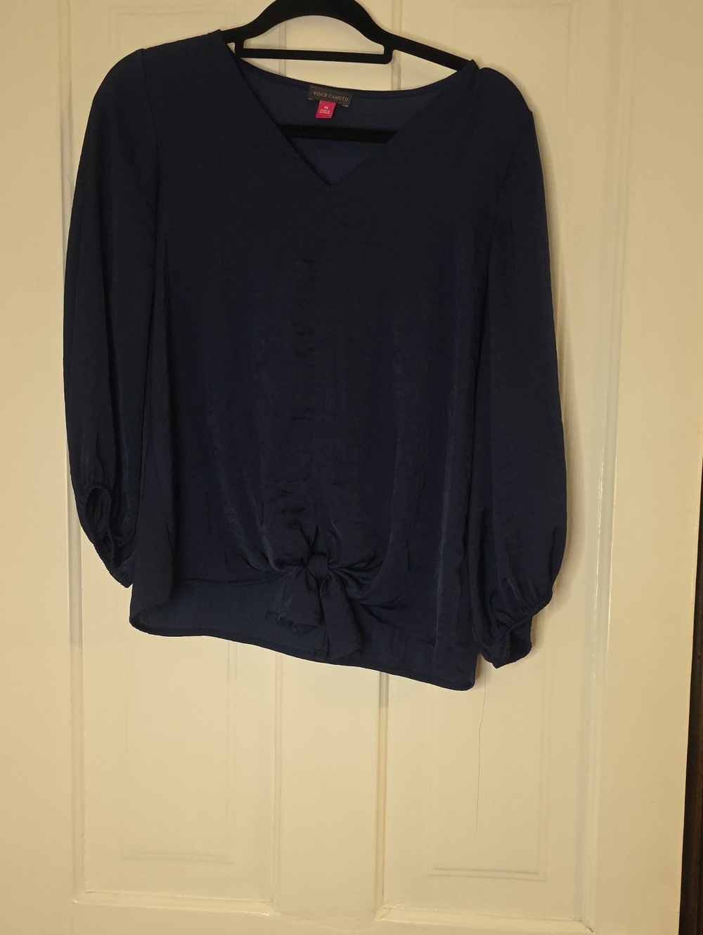 Vince Camuto Navy V-Neck Tie-Front Balloon Sleeve Blouse